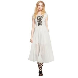 Free People Toosaloosa Meadow Midi Dress Ivory Cotton Gauze Embroidered Boho M